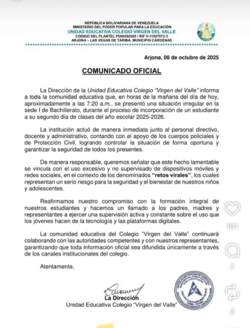 Estudiante hirió a tres alumnos en Táchira para cumplir un reto viral