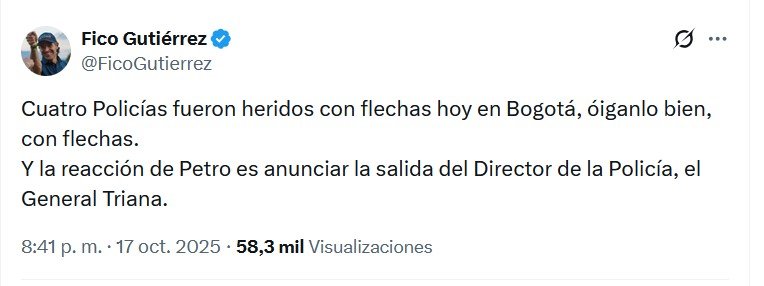 Fico Gutiérrez explota: "cuatro policías heridos con flechas" y Petro responde con salida de General de la Policía